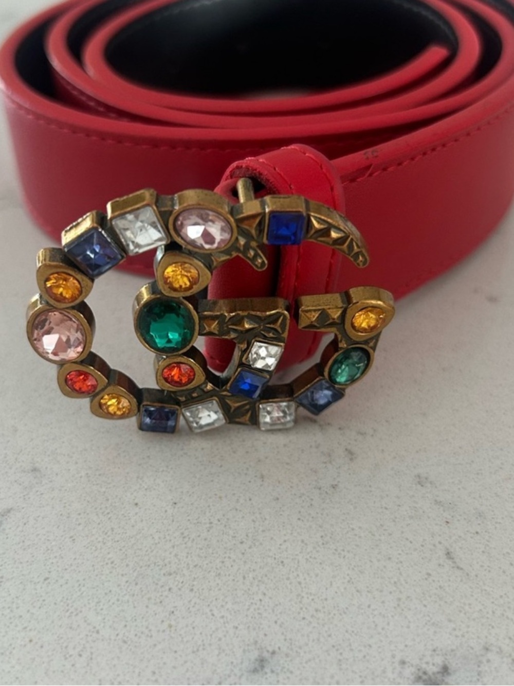 Red Jeweled Logo Buckle Women’s Belt